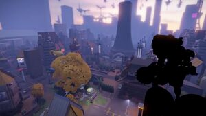 Screenshot of Neon Prime. Bebop overlooks the city of Fracture.